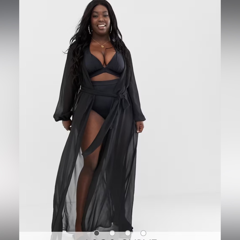 ASOS DESIGN Curve long sleeve tie chiffon maxi beach swim kimono cover-up black
